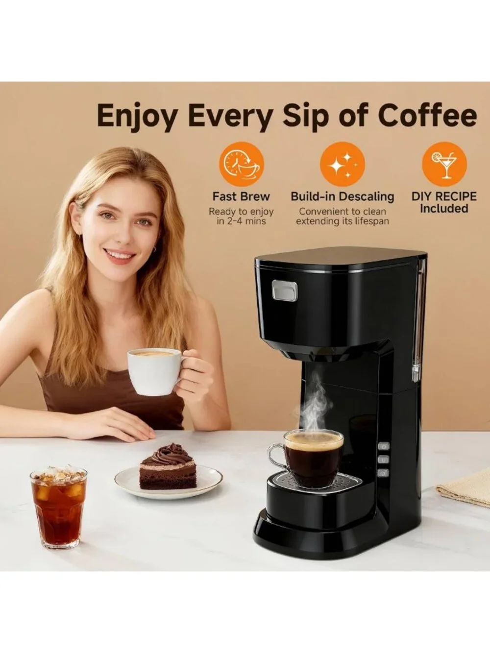 Single Serve Coffee Maker for K-Cups & Ground Coffee - Compact & Stylish Black